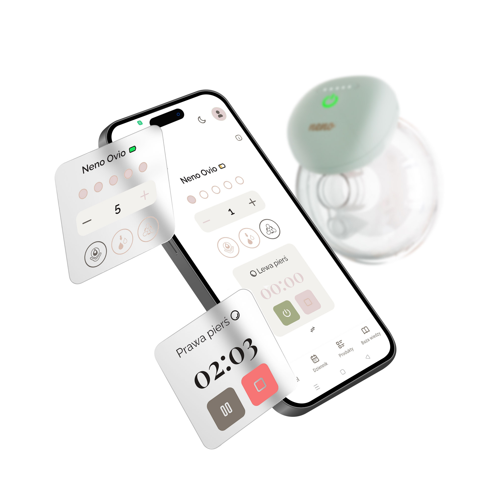 Ein Smartphone mit Neno Ovio App und Bedienelementen, im Hintergrund eine Milchpumpe.