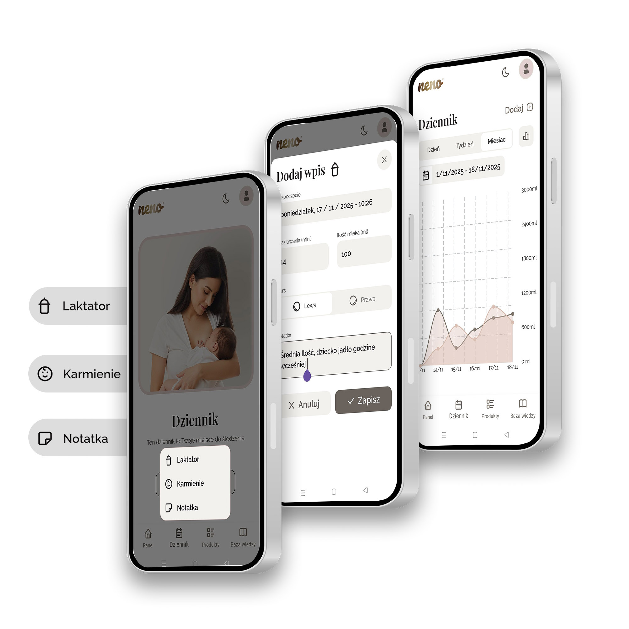 Drei Smartphones zeigen eine Baby-App mit Milchpumpen-, Fütterungs- und Notizenfunktionen.