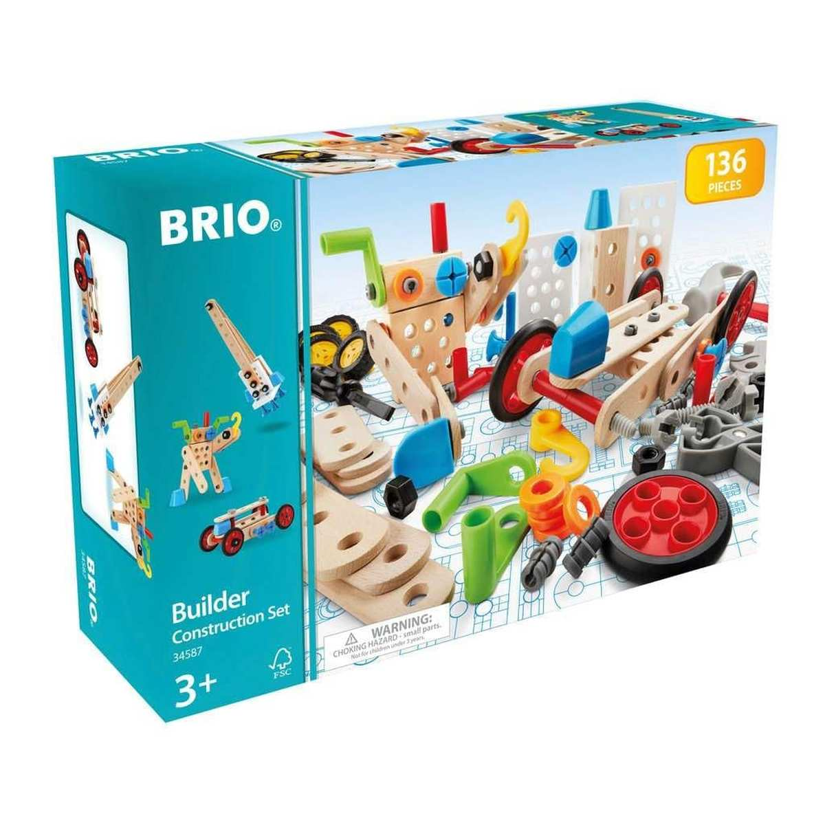 Caja del juego de construcciones Brio Builder con 136 piezas de madera y plástico, ruedas y herramientas.