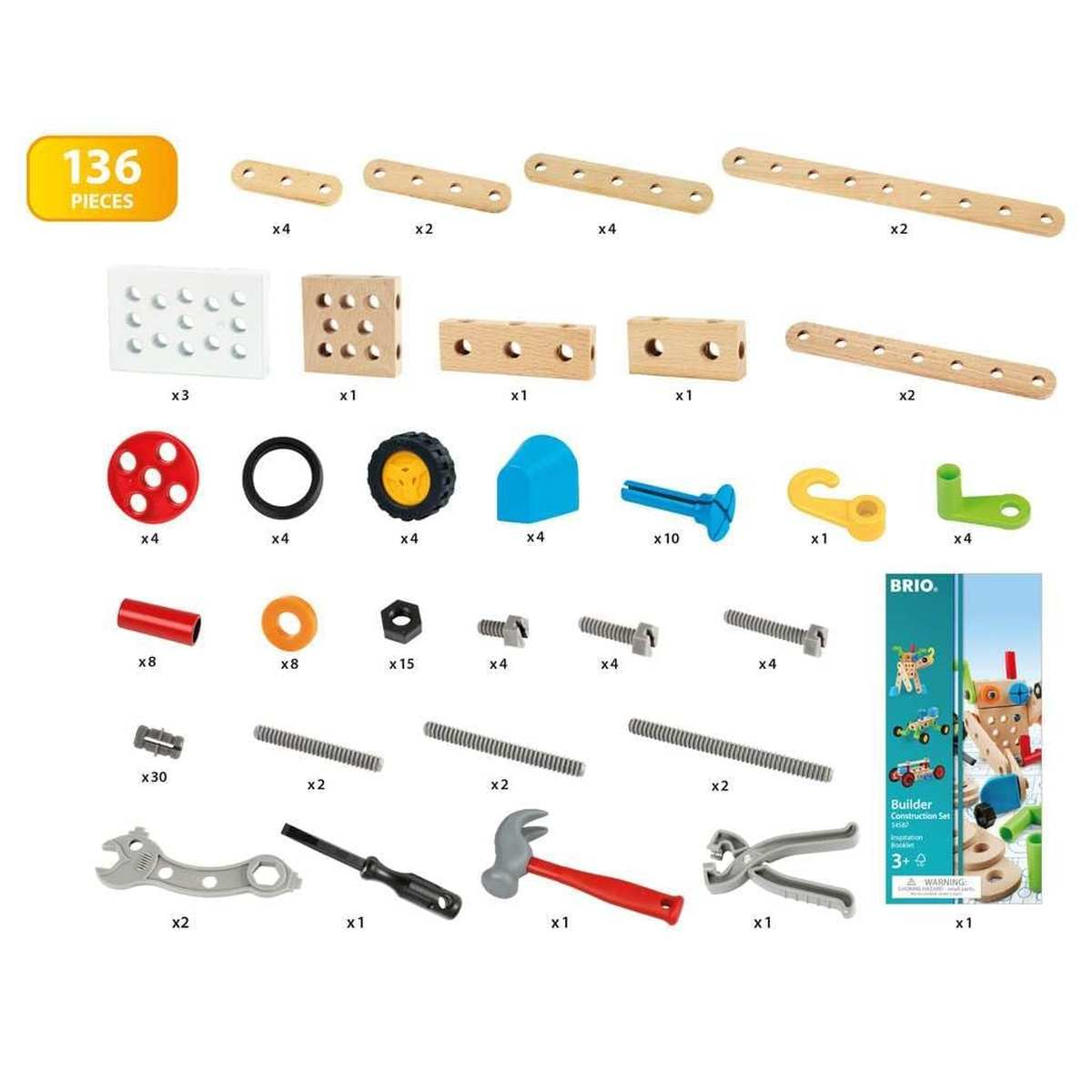 Varias piezas de madera, tornillos y herramientas de un juego de construccion BRIO de 136 piezas sobre fondo blanco.