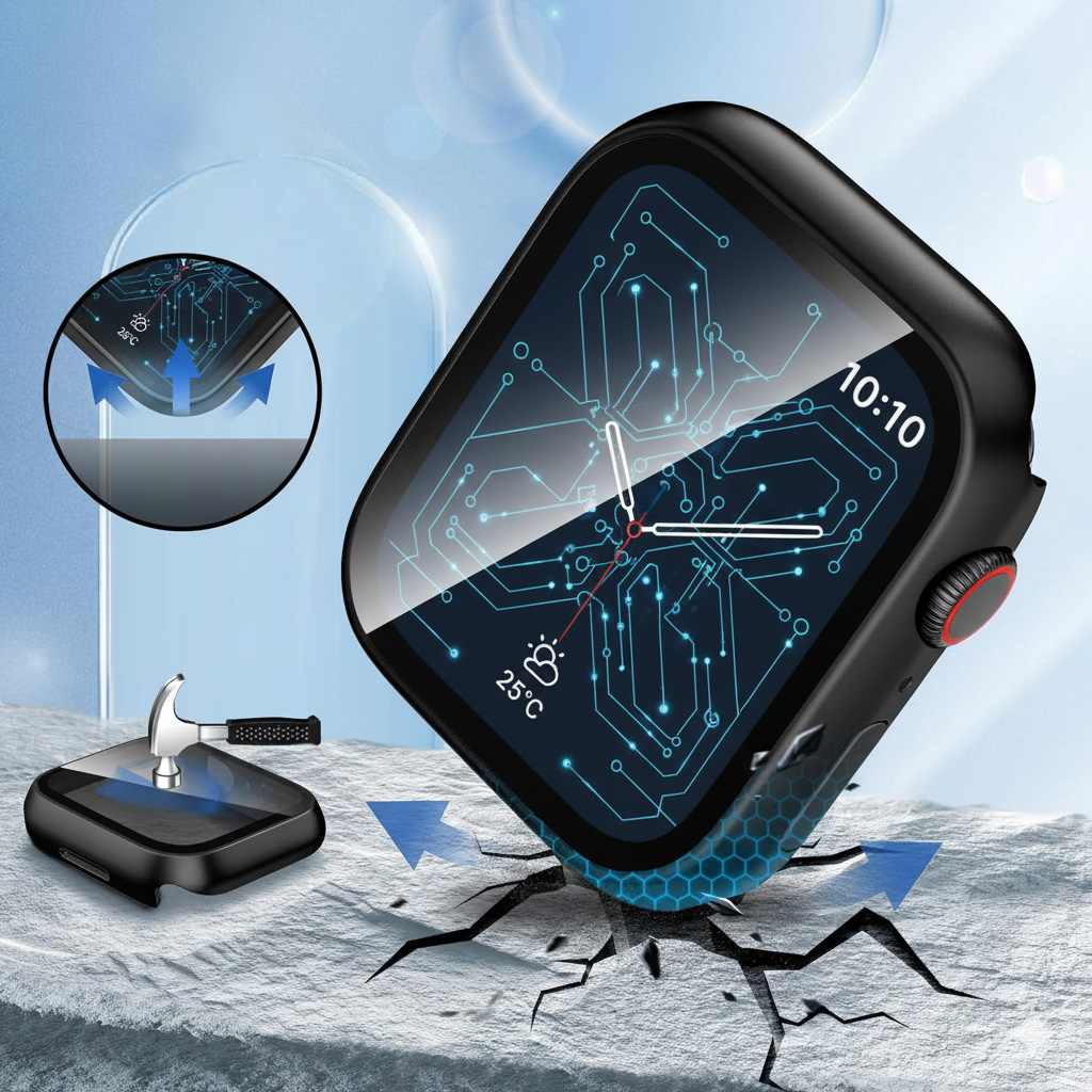 Schwarze Smartwatch-Schutzhülle mit blauem elektronischem Zifferblatt und Bruchtest-Grafik.