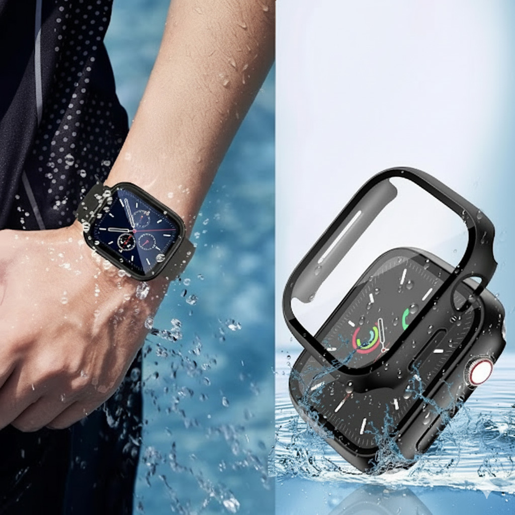 Eine Smartwatch mit Schutzhülle am Handgelenk, umgeben von spritzendem Wasser vor blauem Hintergrund.
