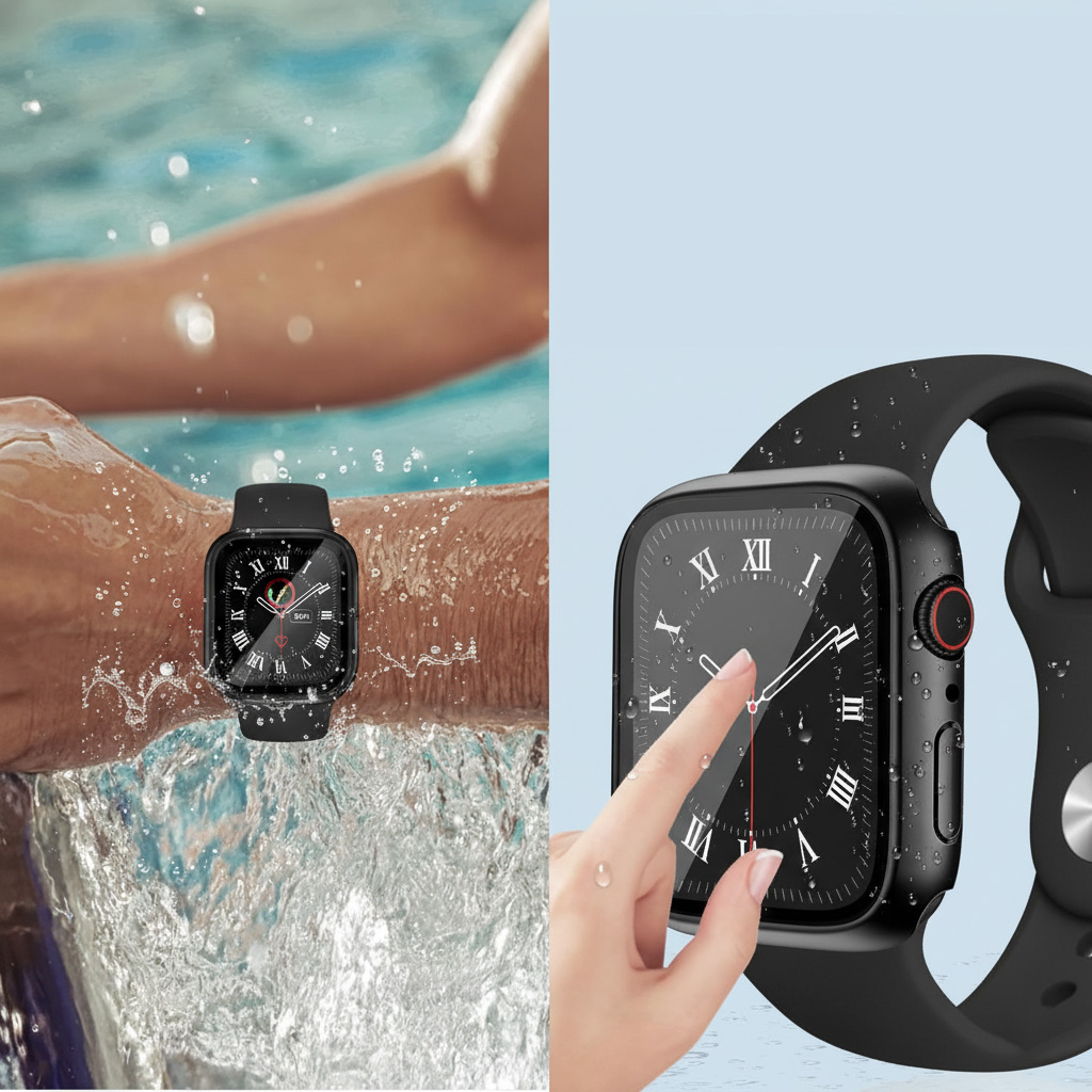 Geteilte Ansicht: Eine Person mit einer schwarzen Smartwatch schwimmt und berührt den Bildschirm.