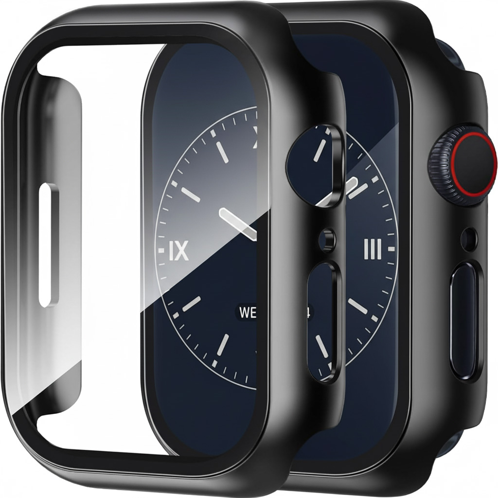 Zwei schwarze Smartwatch-Schutzhüllen mit integriertem Glasbildschirm vor einem schlichten weißen Hintergrund.