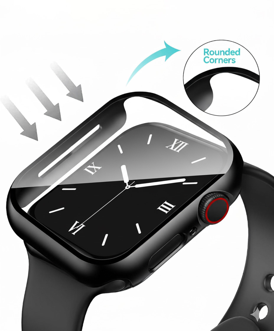 Eine schwarze Smartwatch mit Schutzhülle und abgerundeten Ecken, gezeigt mit Pfeilen und Detailansicht.