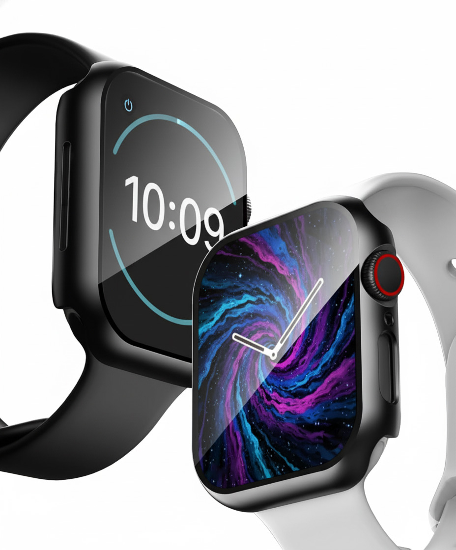 Zwei moderne Smartwatches mit schwarzem Gehäuse, eine mit Digitaluhr, die andere mit buntem Galaxie-Hintergrund.