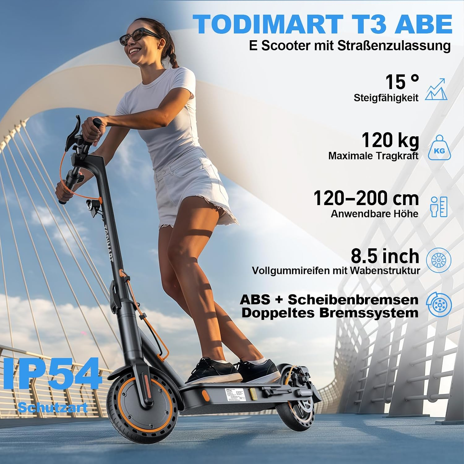 Eine Frau fährt auf einer Brücke einen elektrischen Scooter, begleitet von technischen Spezifikationen.