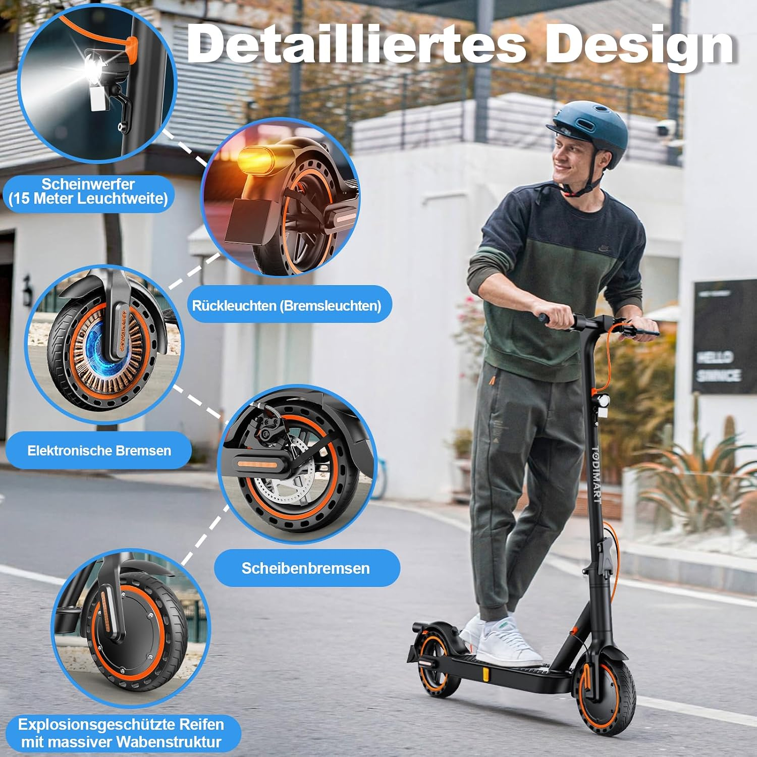 Ein Mann fährt einen E-Scooter, mit Lupe auf Details wie Scheinwerfer, Reifen und Bremsen.