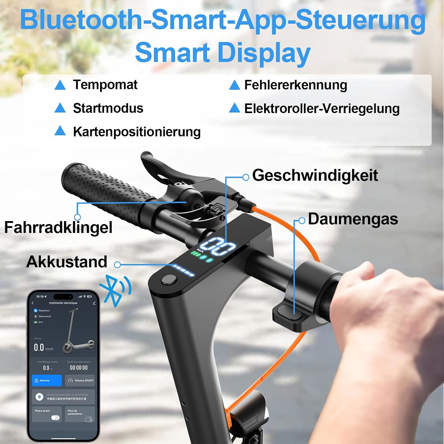 E-Scooter-Lenker mit Digitaldisplay, beschrifteten Teilen und Smartphone mit App.
