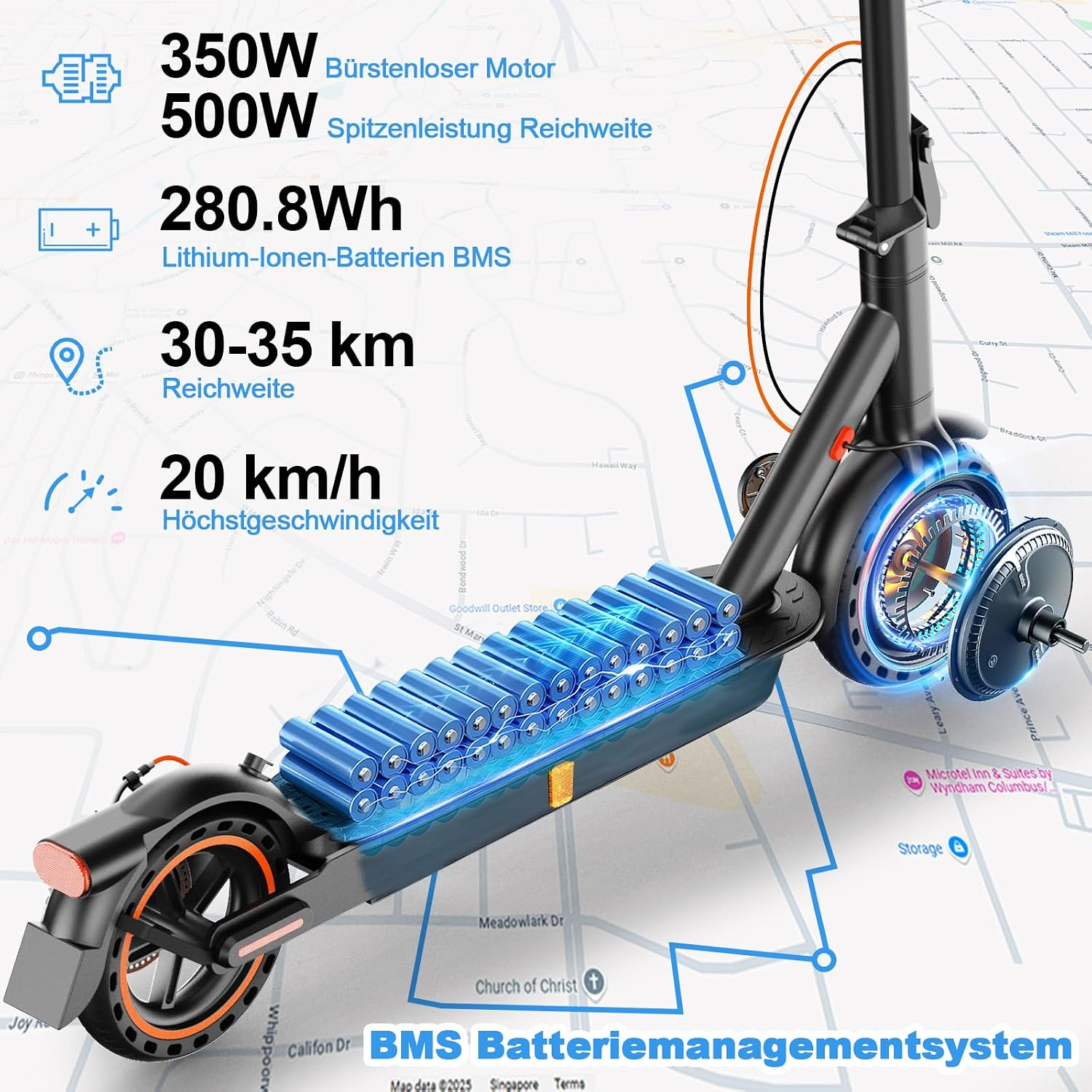 Eine E-Scooter-Grafik zeigt Batteriezellen, Motor, Geschwindigkeit und Reichweite vor einer Karte.