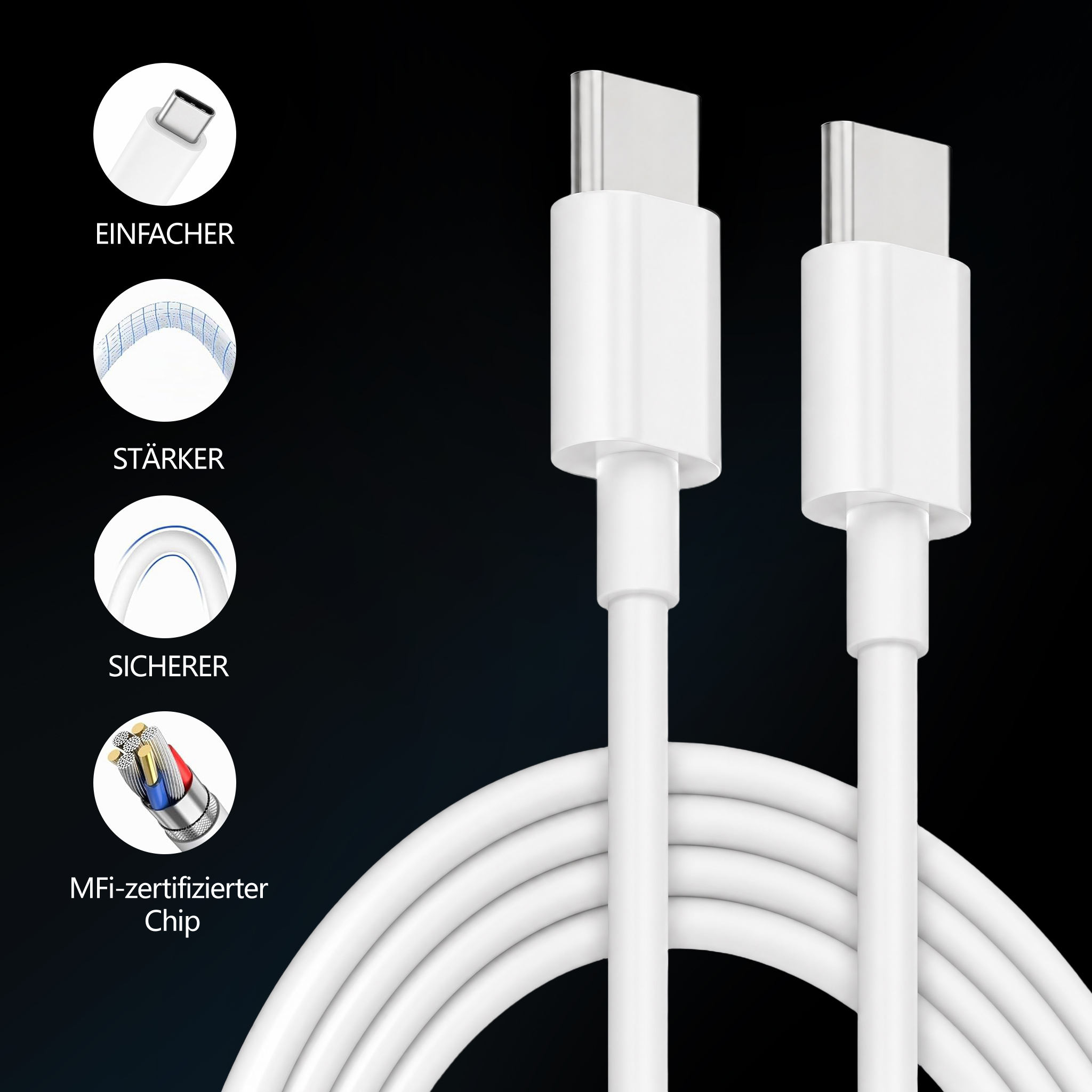 Zwei weiße USB-C-Kabel auf schwarzem Hintergrund mit Detailbildern.