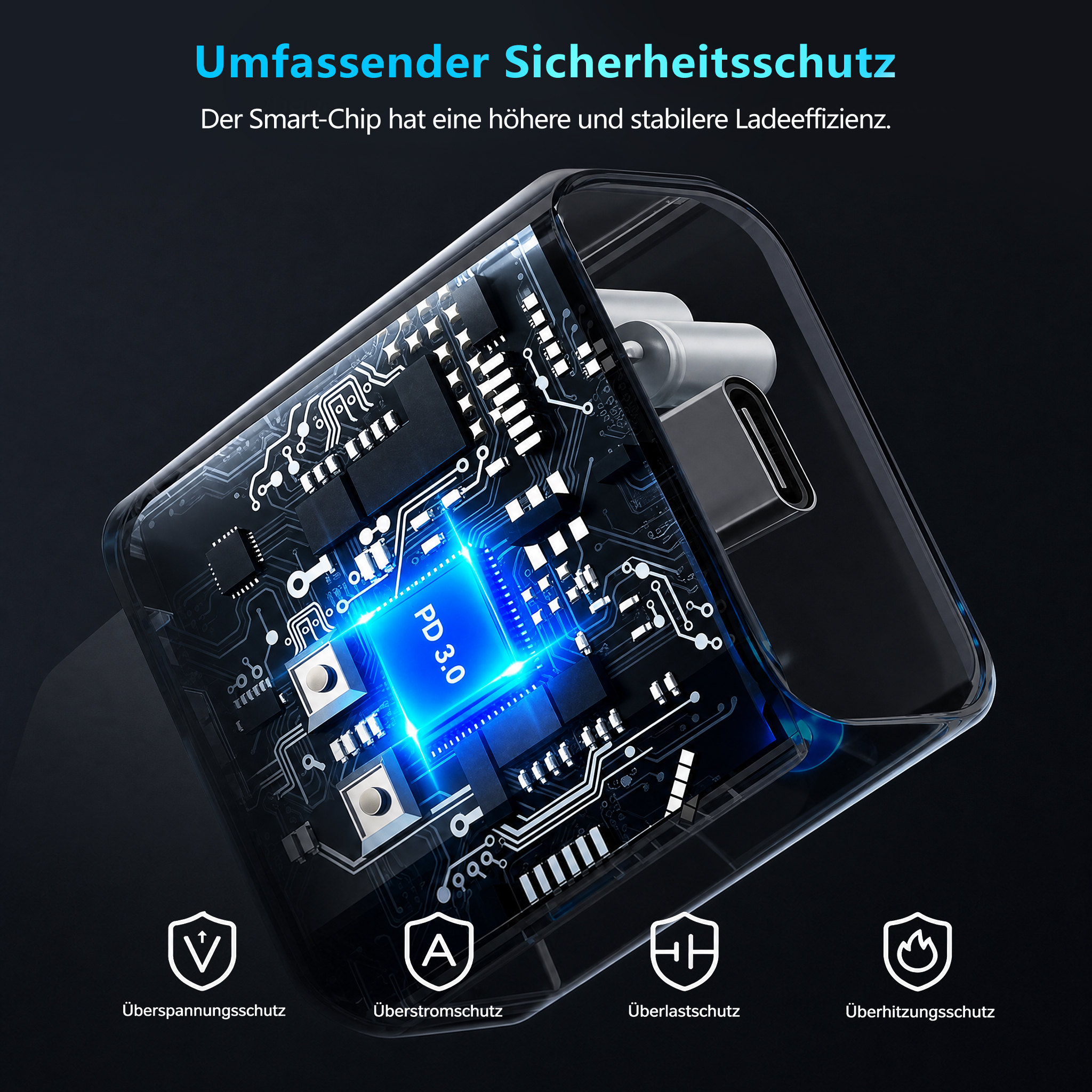 Transparenter Lader mit leuchtend blauem PD 3.0 Smart-Chip und Platine.