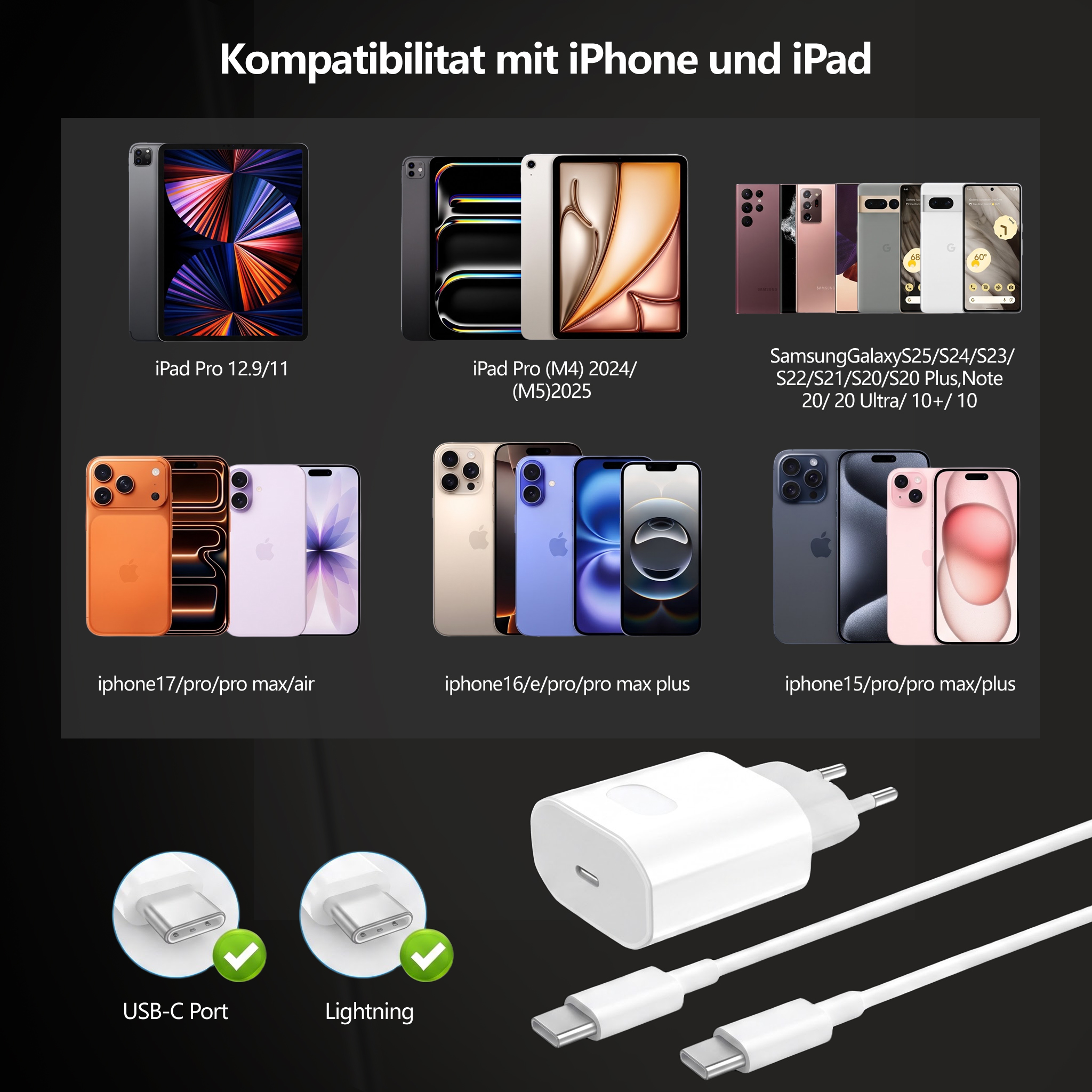 Kompatibilitätstabelle mit iPad- und iPhone-Modellen, Samsung-Handys sowie weißem Ladegerät mit Kabeln.