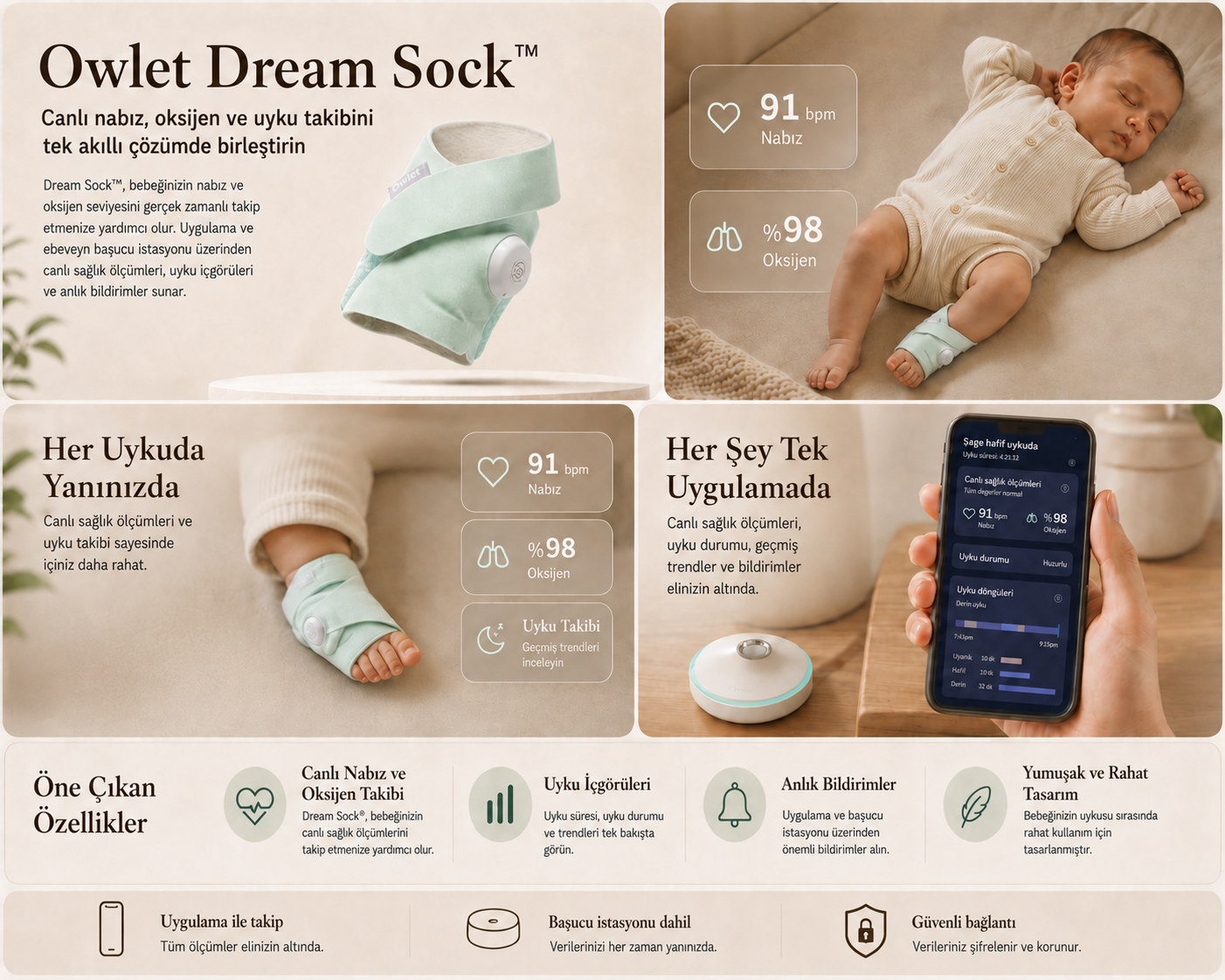 Uygulama özellikleri ve uyuyan bebekle Owlet Dream Sock ürün tanıtımı.