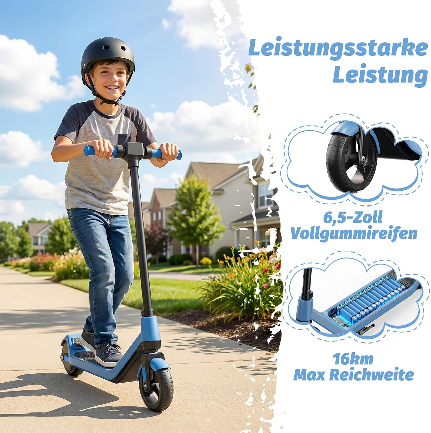 Ein Junge mit Helm fährt auf einem blauen E-Scooter auf einem Gehweg, mit Insets von Reifen und Batterien.