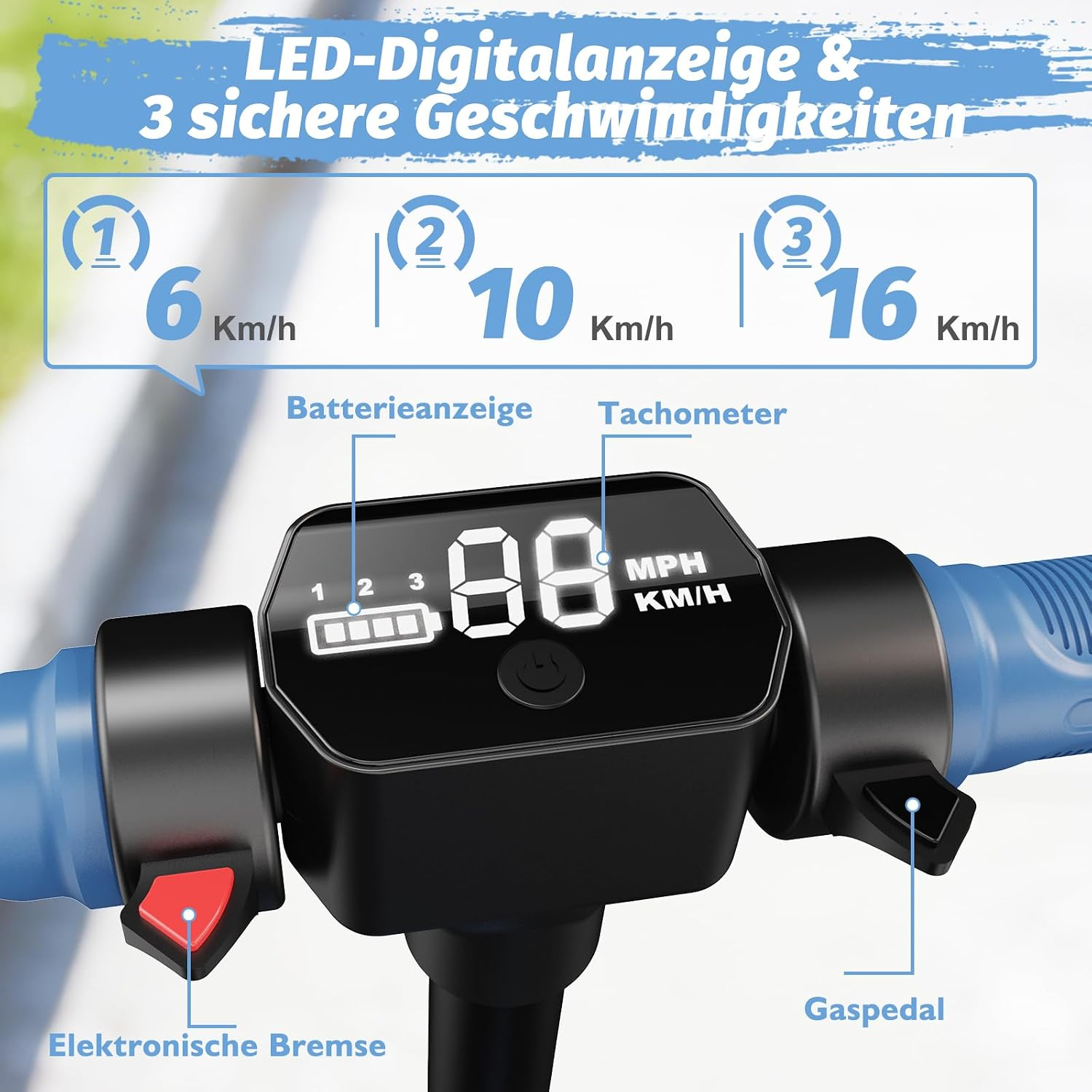 E-Scooter-Display mit drei Geschwindigkeiten: 6, 10 und 16 km/h, Batterieanzeige und Gaspedal.