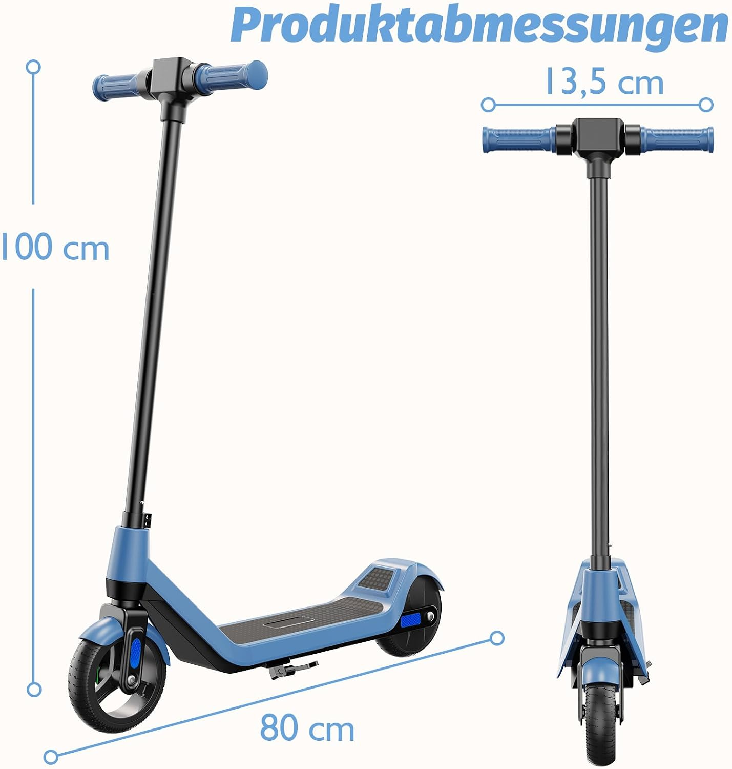 Diagramm zeigt die Produktabmessungen eines blauen E-Scooters mit 100 cm Höhe, 80 cm Länge und 13,5 cm Lenkerbreite.