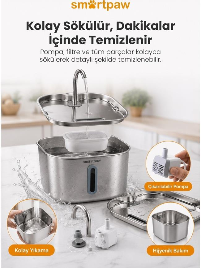 Kolay temizlik ve su filtrasyonu için çıkarılabilir parçalara sahip paslanmaz çelik evcil hayvan su pınarı.