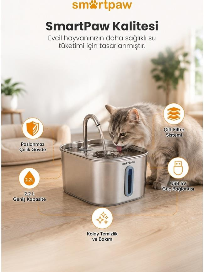 Aydınlık bir odada paslanmaz çelik SmartPaw evcil hayvan su pınarından su içen bir kedi.