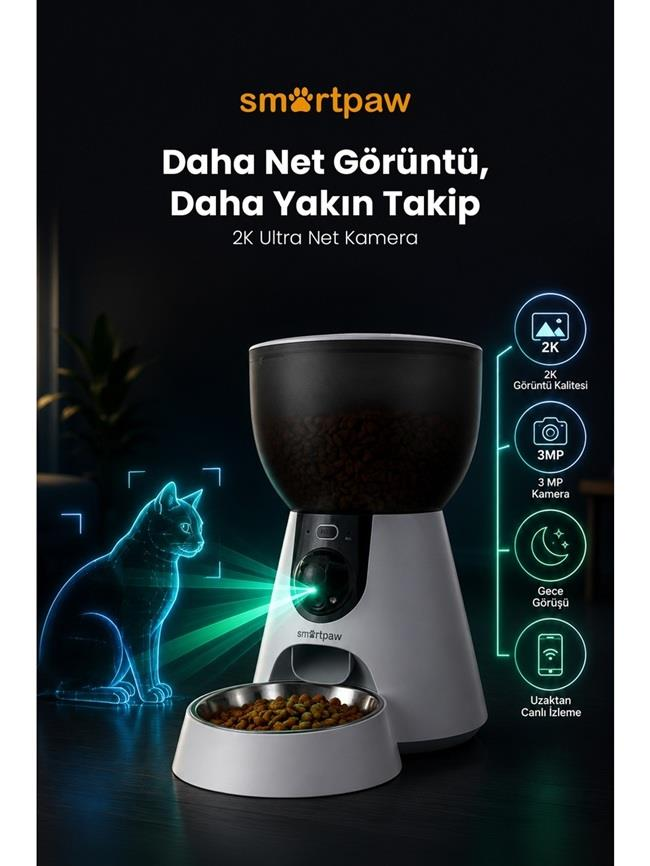 Kamera sistemli Smartpaw akıllı mama kabı, kase ve özellik simgeleri.