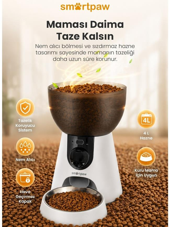 Kuru mama dolu, 4L hazne kapasiteli ve tazelik koruma sistemli Smartpaw otomatik evcil hayvan besleyici.