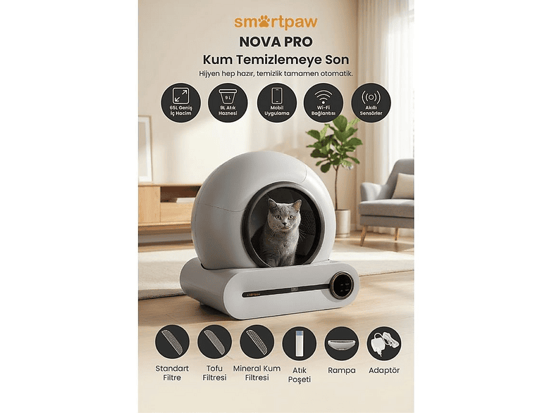 SMARTPAW Nova Cat Pro Akıllı Otomatik Kedi Tuvaleti Gri