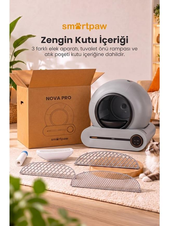 Smartpaw Nova Pro otomatik kedi tuvaleti, açık kutu, aksesuarlar ve bir oturma odasinda kedi.