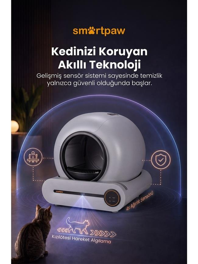 Karanlık odada sensörlü modern gri akıllı kedi tuvaleti, bir kedi ona bakıyor.