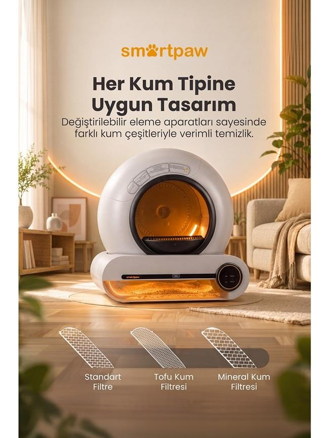 Farklı kum türleri için değiştirilebilir filtreli, modern beyaz akıllı kedi tuvaleti oturma odasında.