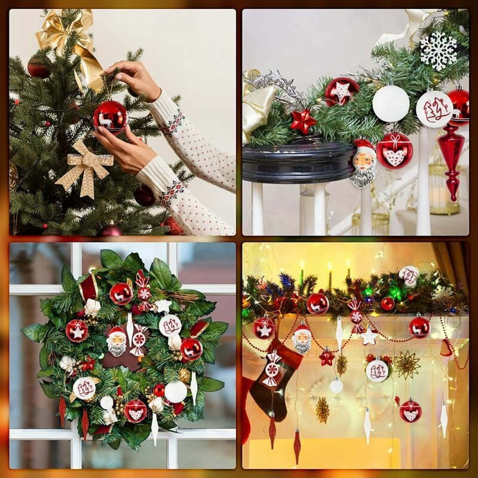 Vier Bilder mit verschiedenen Weihnachtsdekorationen: Baum, Treppengeländer, Kranz und Kaminsims.