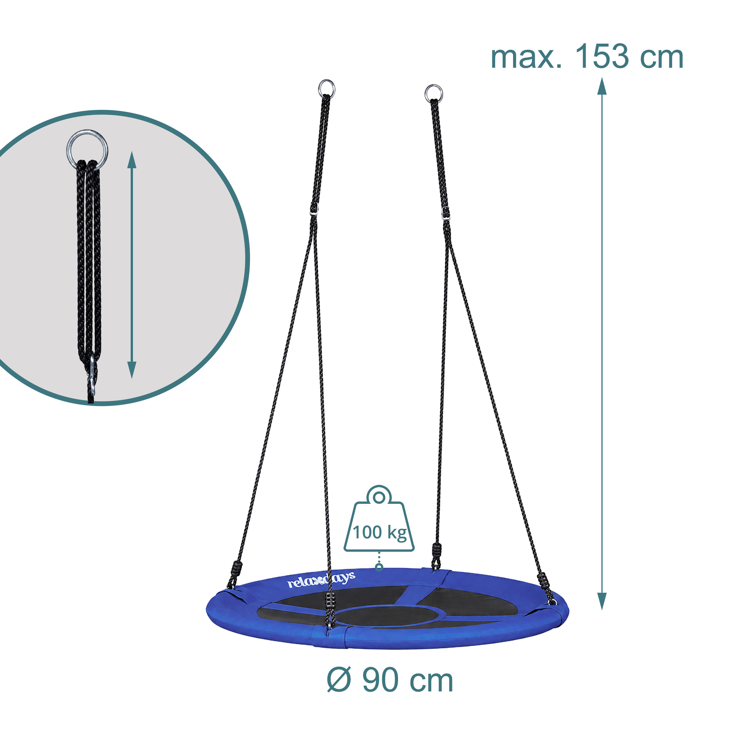 Blaue Nestschaukel mit 90 cm Durchmesser, 153 cm max. Höhe und 100 kg Belastbarkeit.