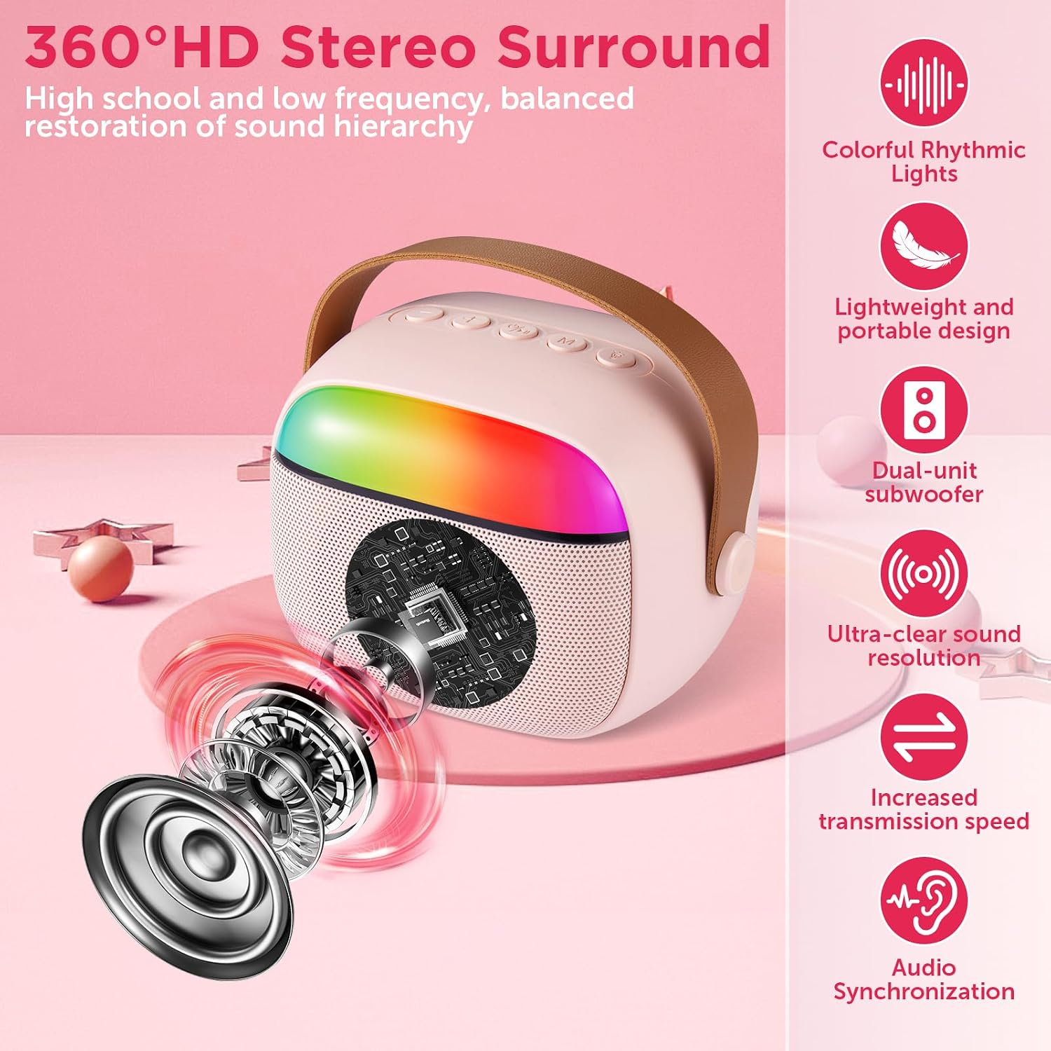 Rosa tragbarer Bluetooth-Lautsprecher mit LED-Licht und Lautsprecherkomponenten.