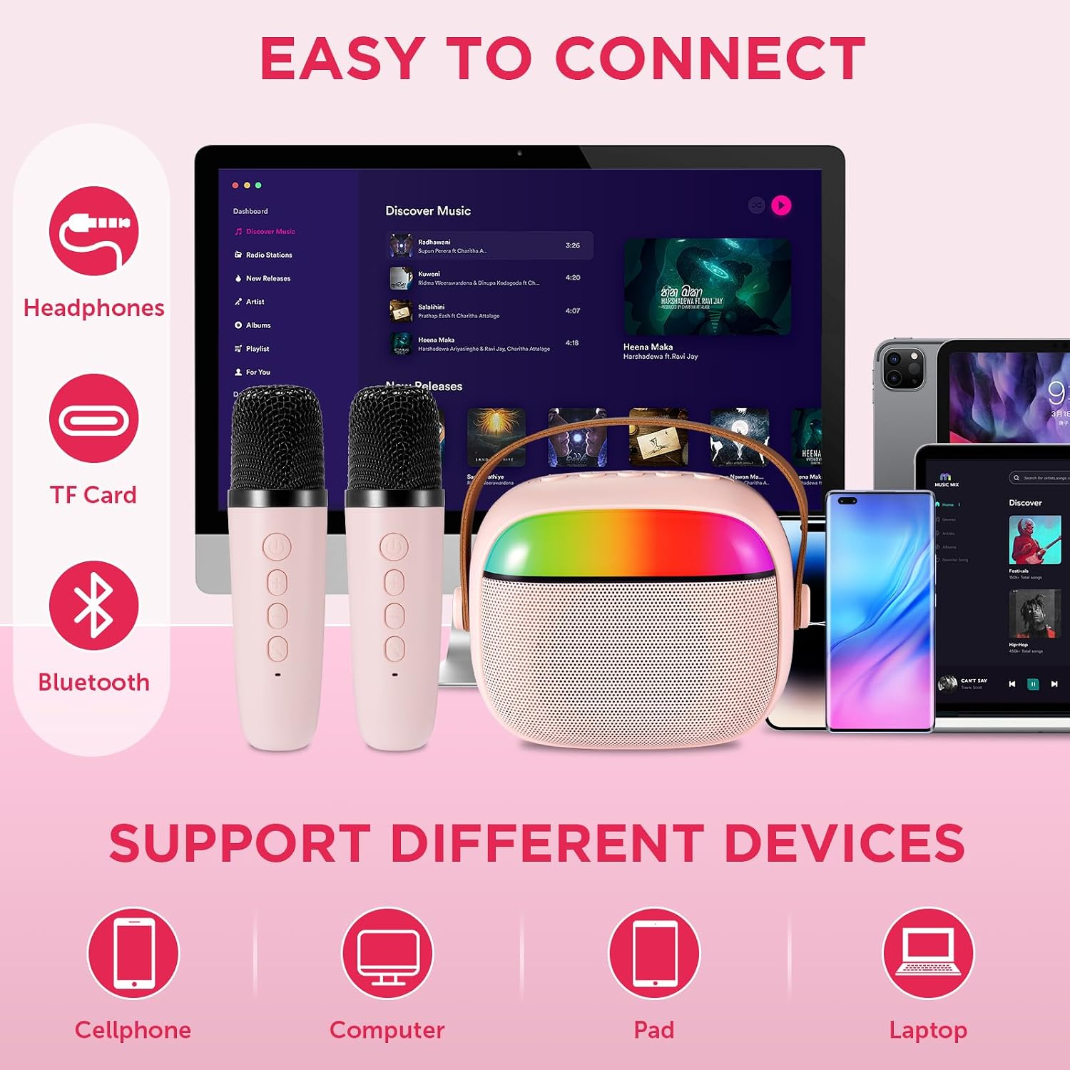 Rosa Lautsprecher mit Mikrofonen und Icons für Kopfhörer, TF-Karte und Bluetooth, kompatibel mit verschiedenen Geräten.
