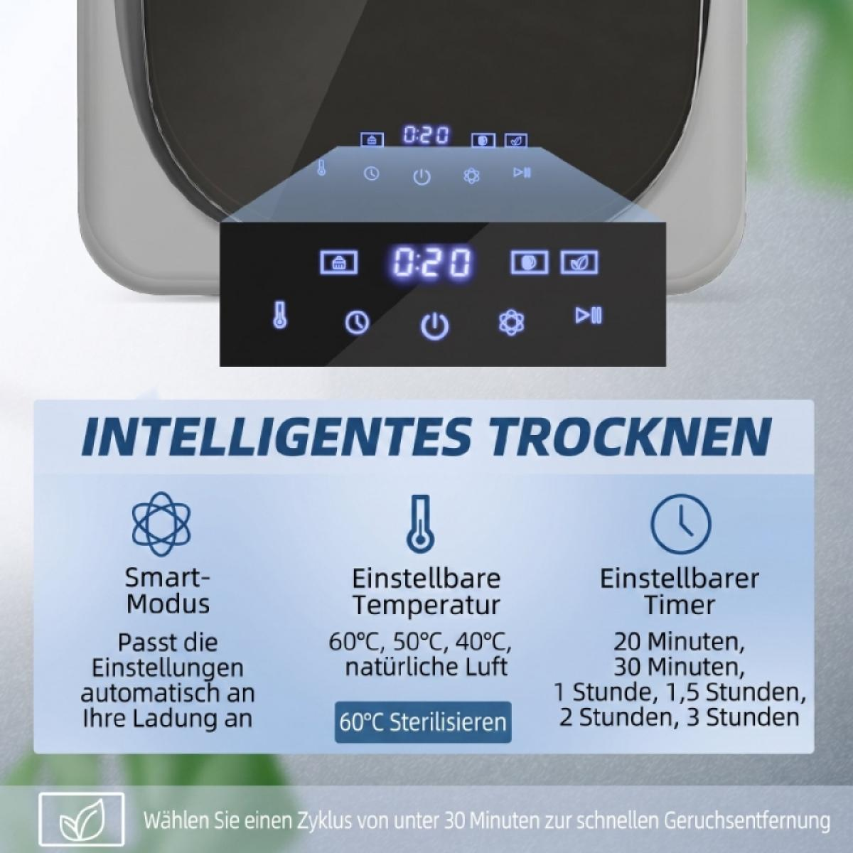 Display eines Trockners mit Symbolen für Timer und Temperatur sowie Text über intelligente Trocknungsfunktionen.