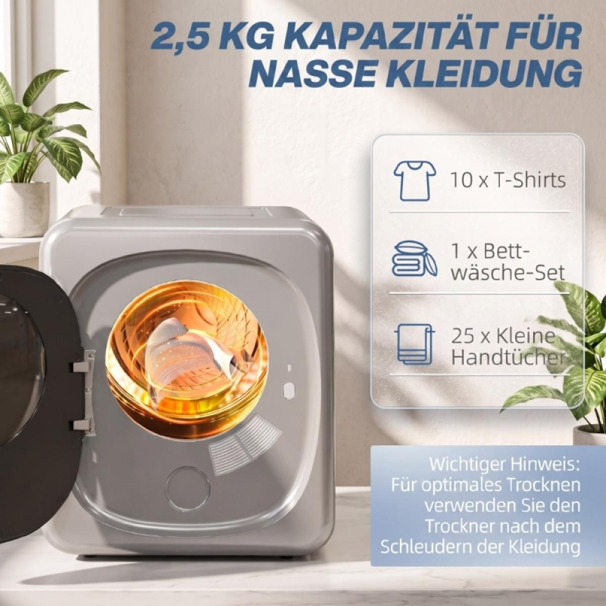Kompakter silberner Wäschetrockner mit Textinfografiken zur Kapazität.
