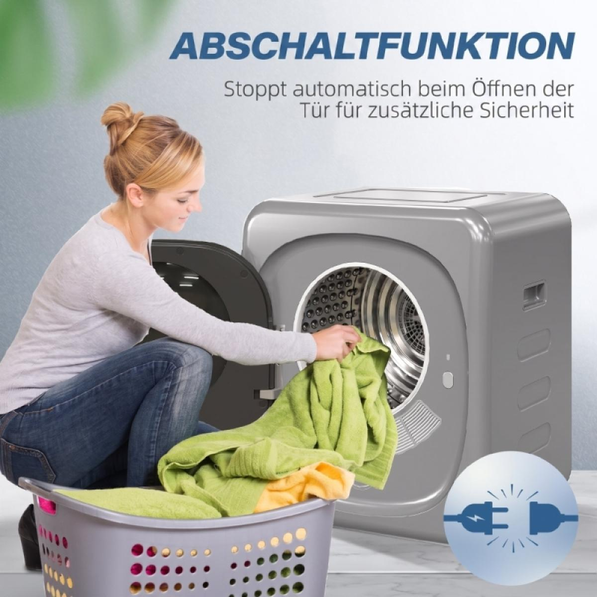 Frau legt grüne Wäsche in einen silbernen Trockner, neben einem Korb und Text auf Deutsch.