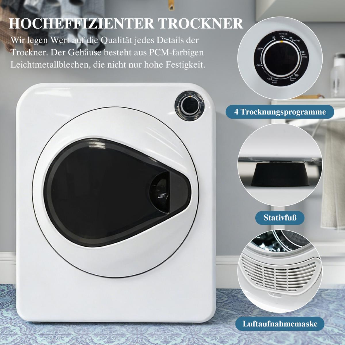 Ein weißer Wäschetrockner mit Texten und Detailaufnahmen von Drehknopf, Fuß und Lufteinlass in Kreisen.