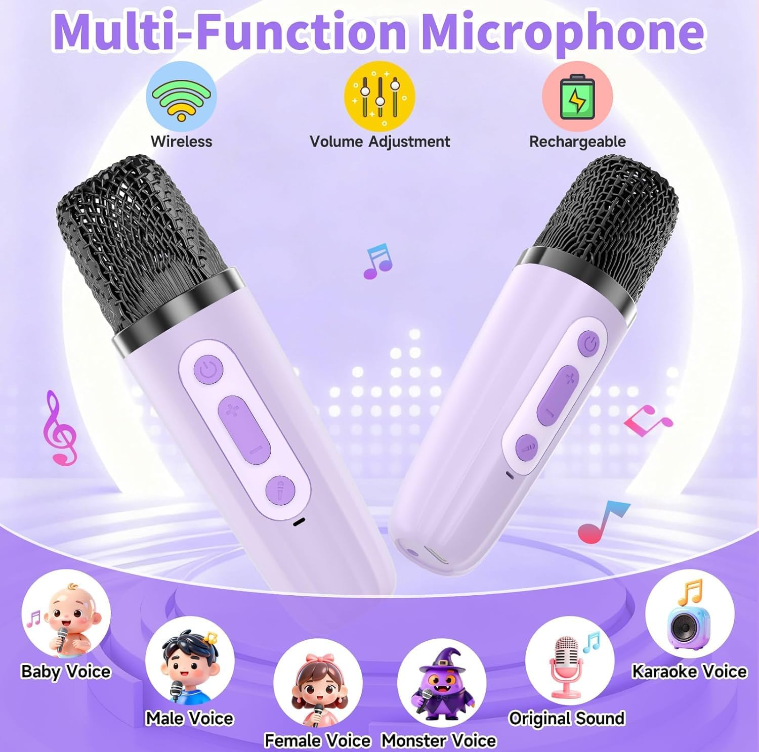 Zwei lilafarbene multifunktionale drahtlose Mikrofone mit verschiedenen Stimmwechseleffekten auf lilafarbenem Hintergrund.
