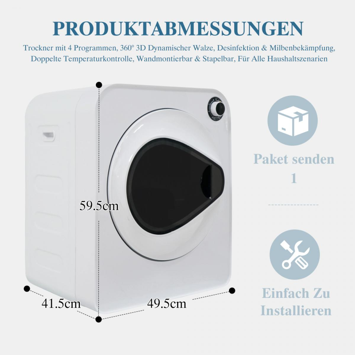 Produktabmessungen eines weißen Trockners: 59.5cm Höhe, 49.5cm Breite, 41.5cm Tiefe.