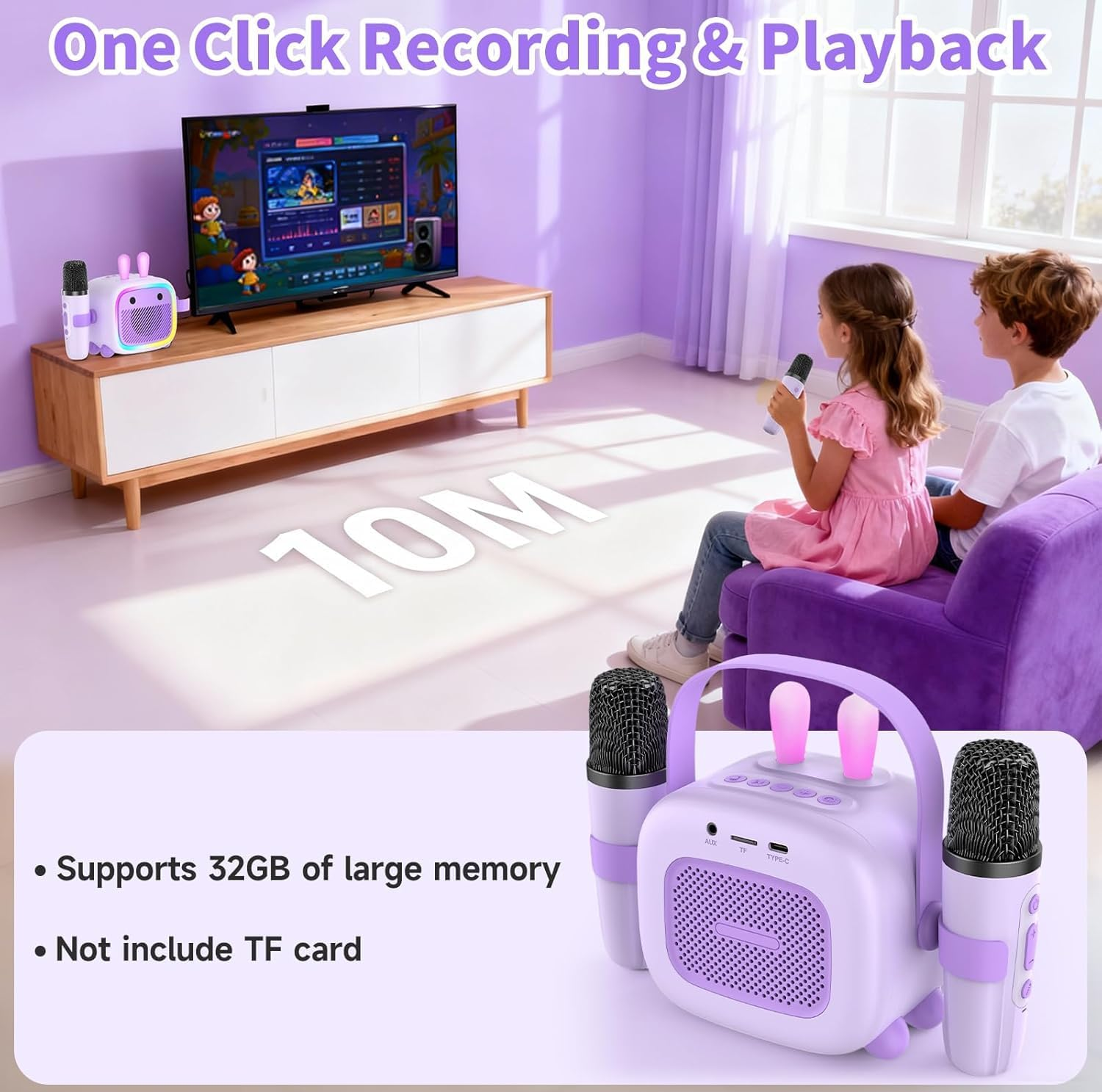 Zwei Kinder singen in Mikrofone vor einem Fernseher in einem lila Raum.