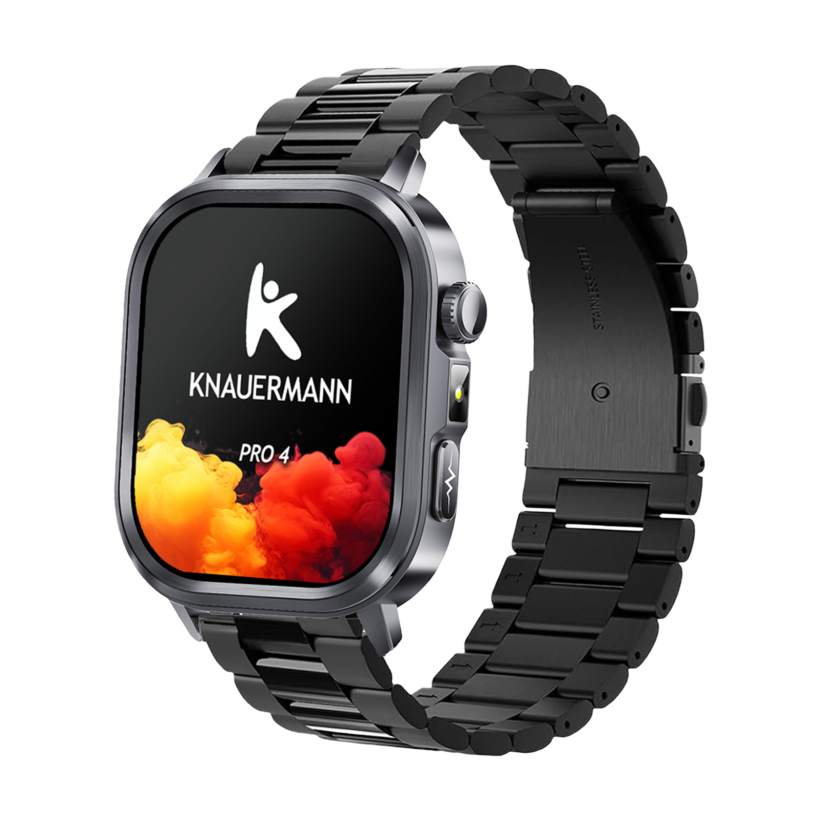 Eine schwarze Smartwatch mit Metallarmband und bunten, abstrakten Rauchgrafiken auf dem Bildschirm.