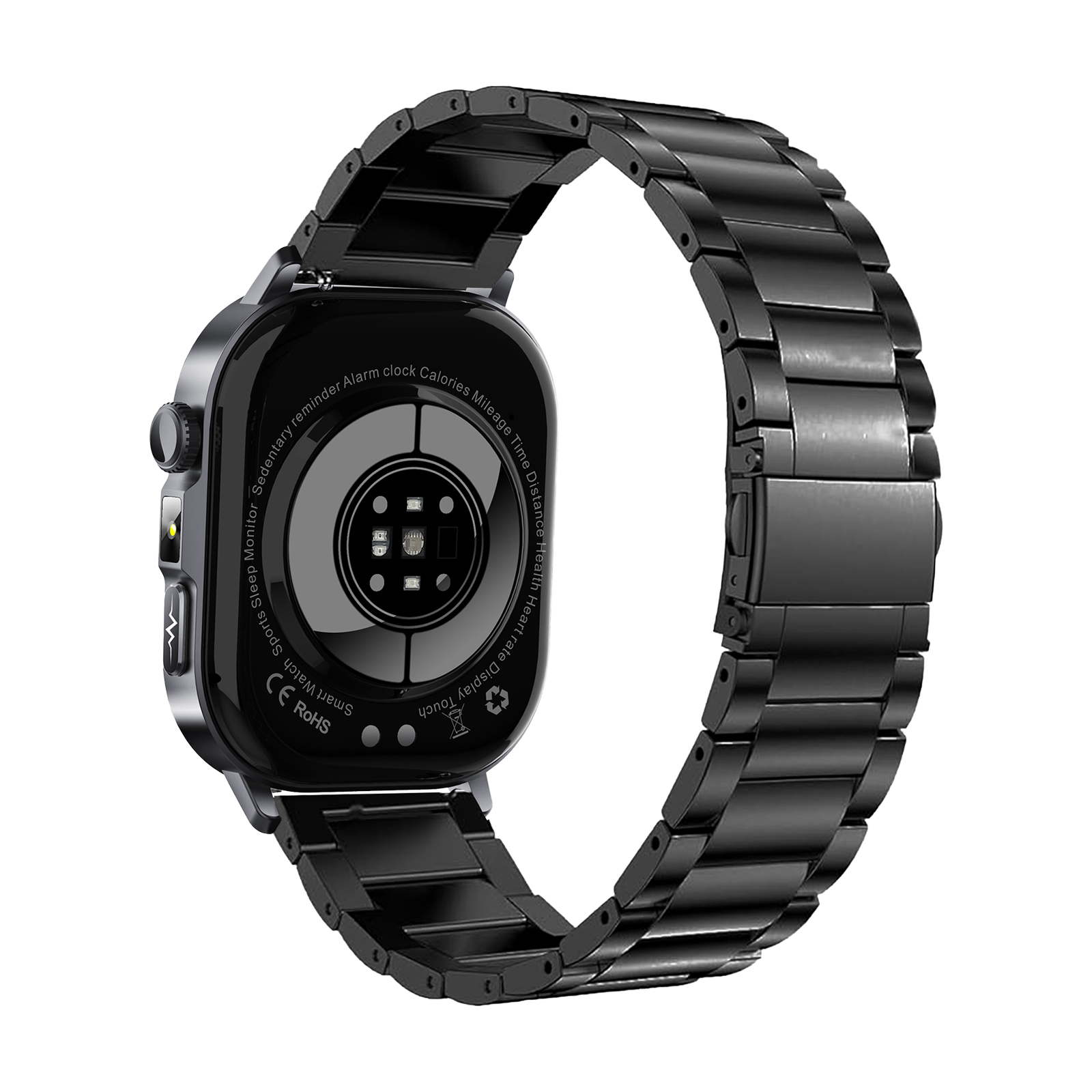 Eine schwarze Smartwatch mit Metallgliederarmband zeigt ihre sensorbestückte Rückseite vor schwarzem Hintergrund.
