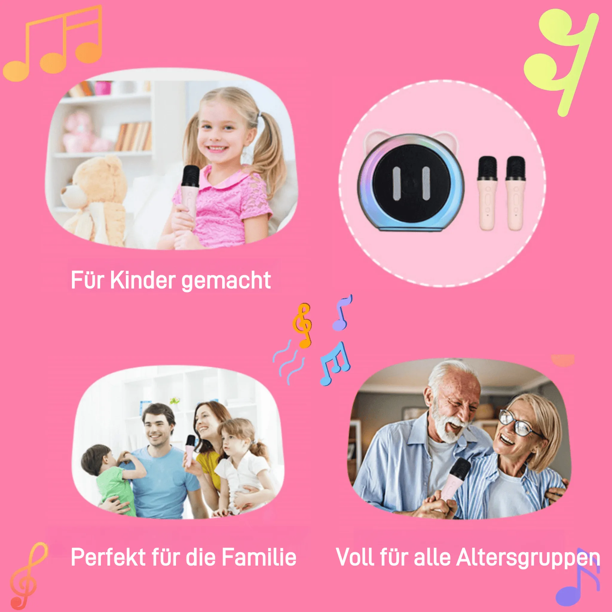 Rosa Hintergrund mit vier Bildern von Kindern, Familien und Senioren mit einer rosa Karaoke-Maschine und zwei Mikrofonen.