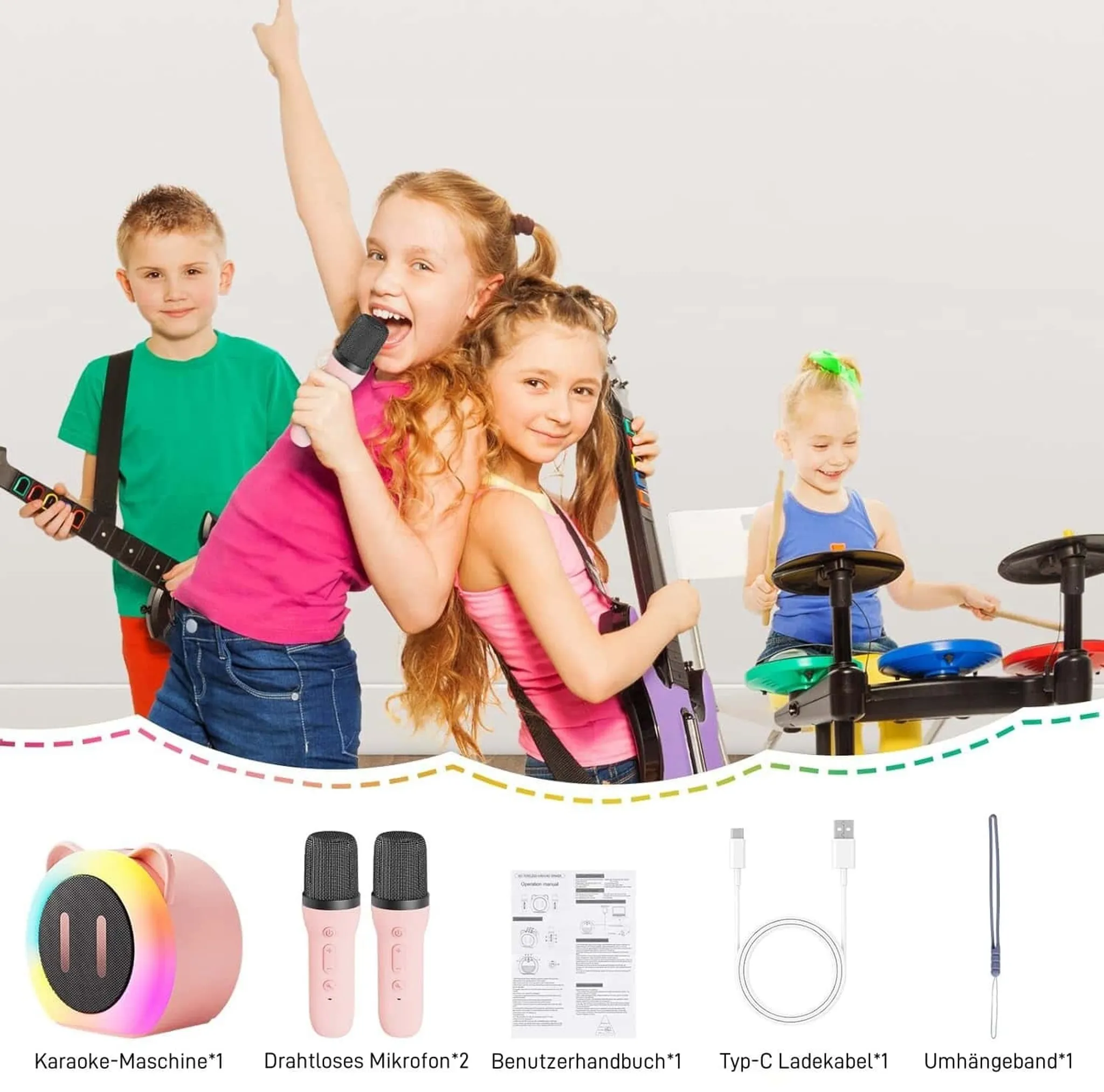 Kinder spielen mit Spielzeuginstrumenten; unten sind Karaoke-Maschine, zwei Mikrofone, Anleitung, Kabel und Band abgebildet.