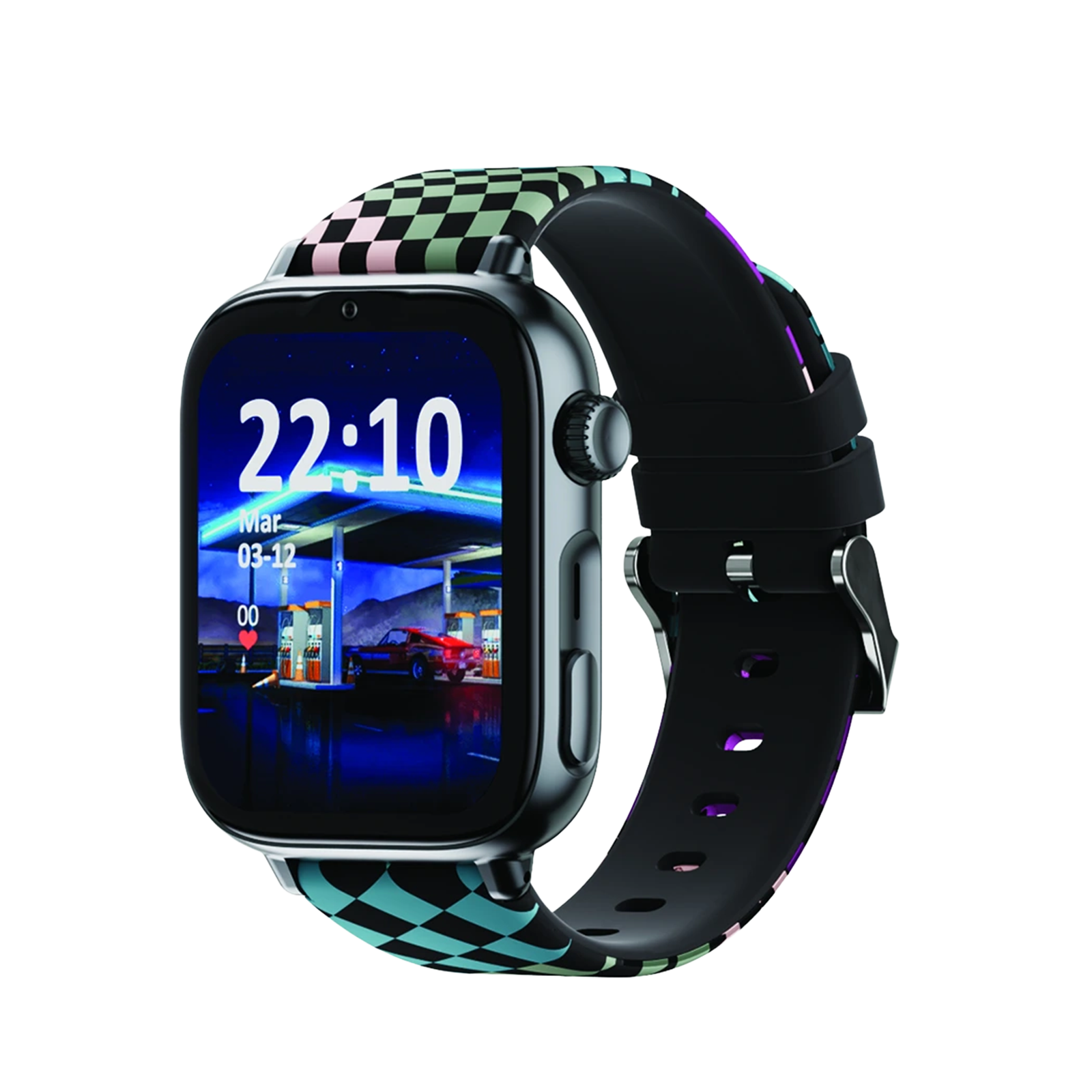 Smartwatch mit rechteckigem Display und einem bunten Karomuster-Armband auf schwarzem Hintergrund.