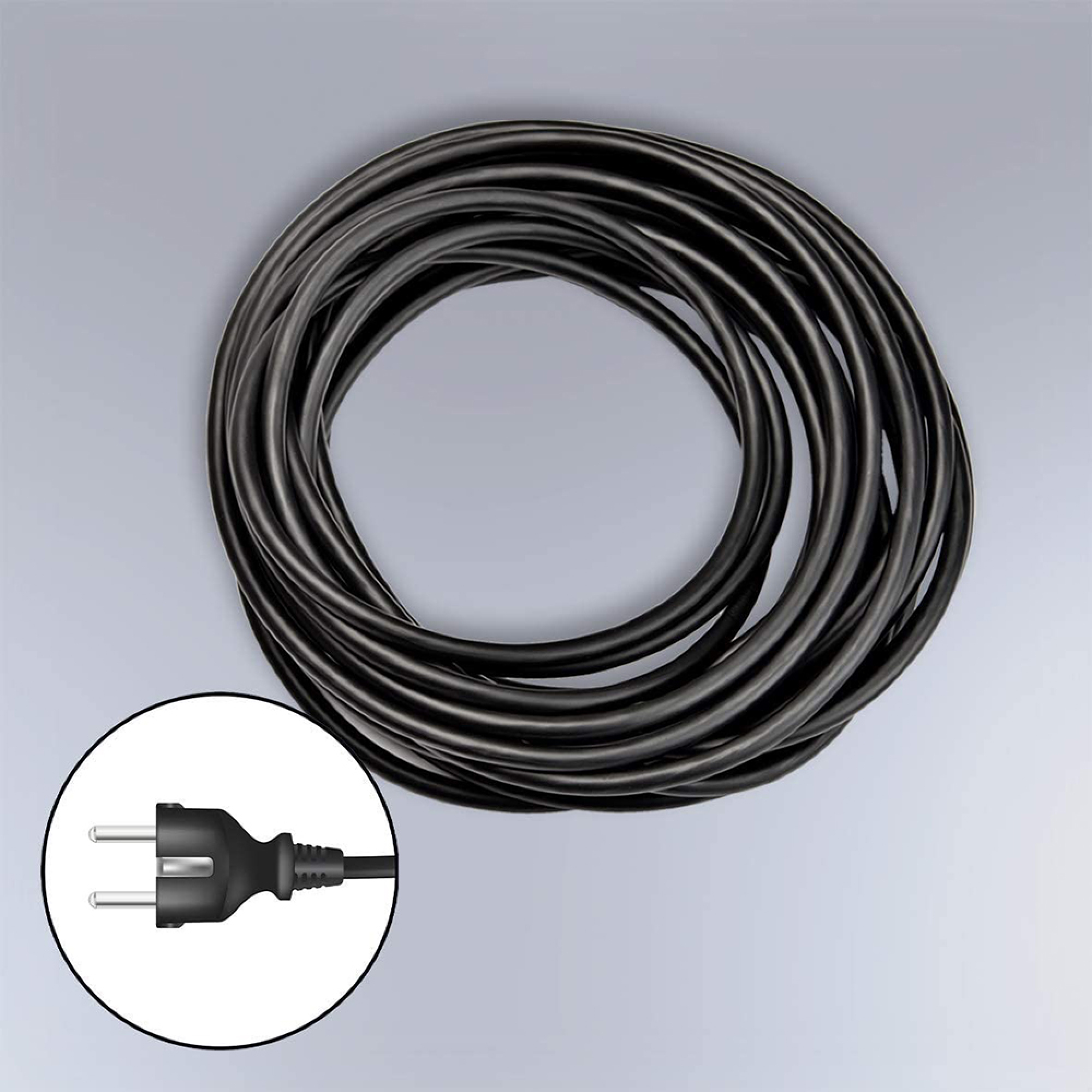 Ein aufgerolltes schwarzes Stromkabel mit einem zweipoligen Stecker im Inset auf grauem Hintergrund.