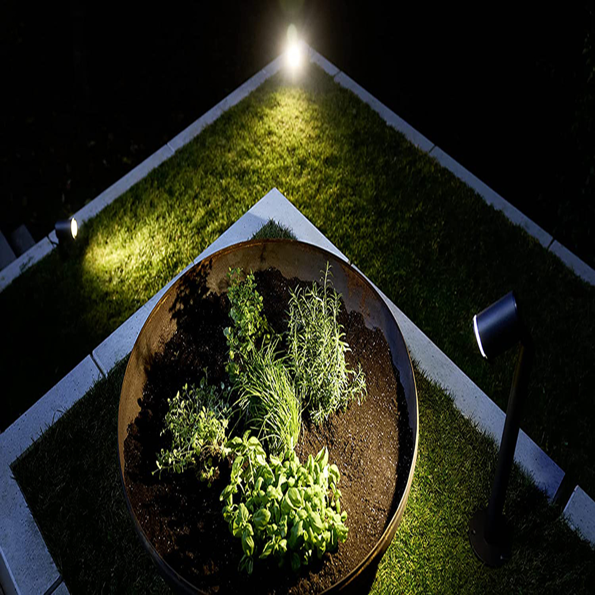 Beleuchtete Gartenbeete und Rasenflächen bei Nacht, mit Kräutern in einem runden Pflanzkübel im Vordergrund.