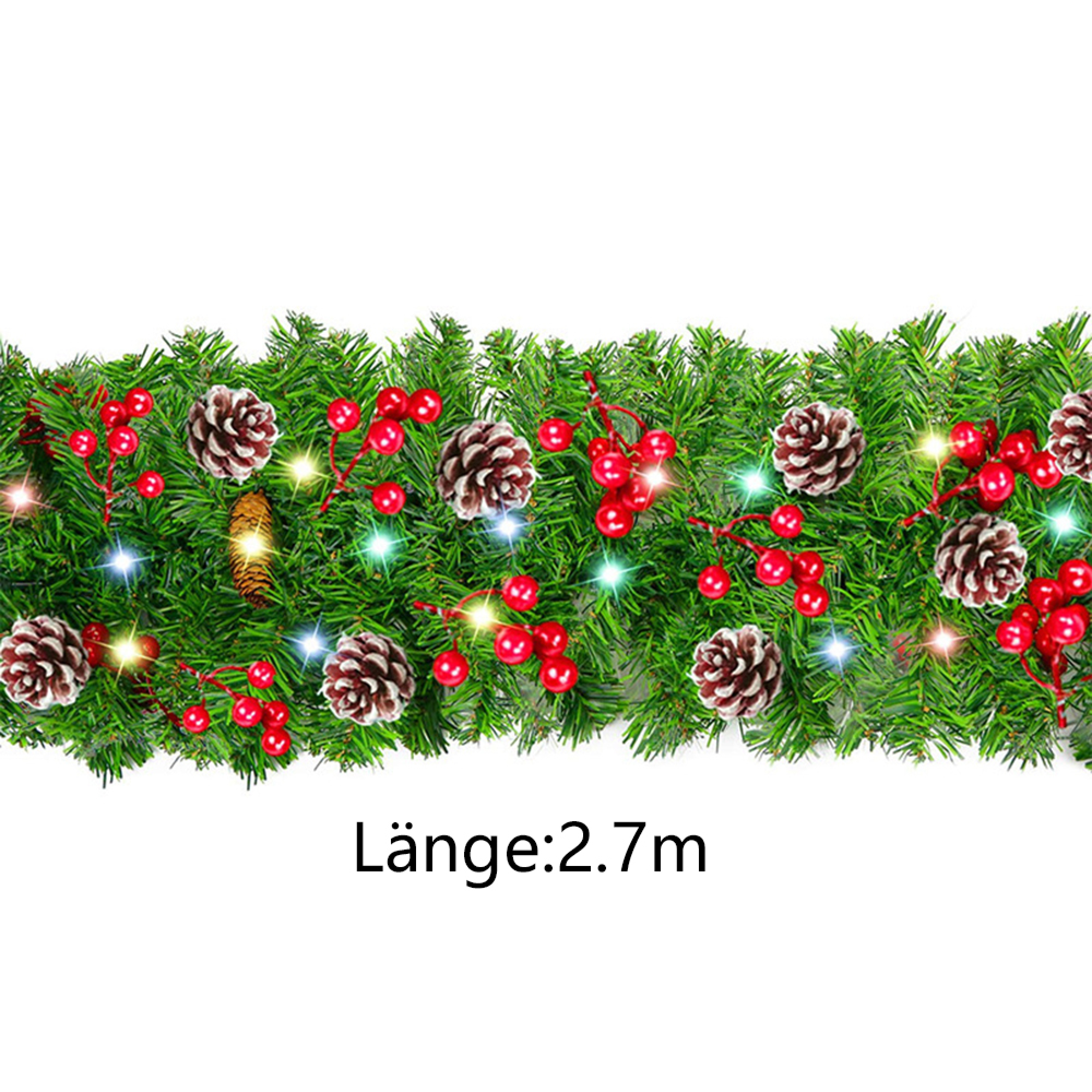 Grüne Weihnachtsgirlande mit Tannenzapfen, roten Beeren und Lichtern.