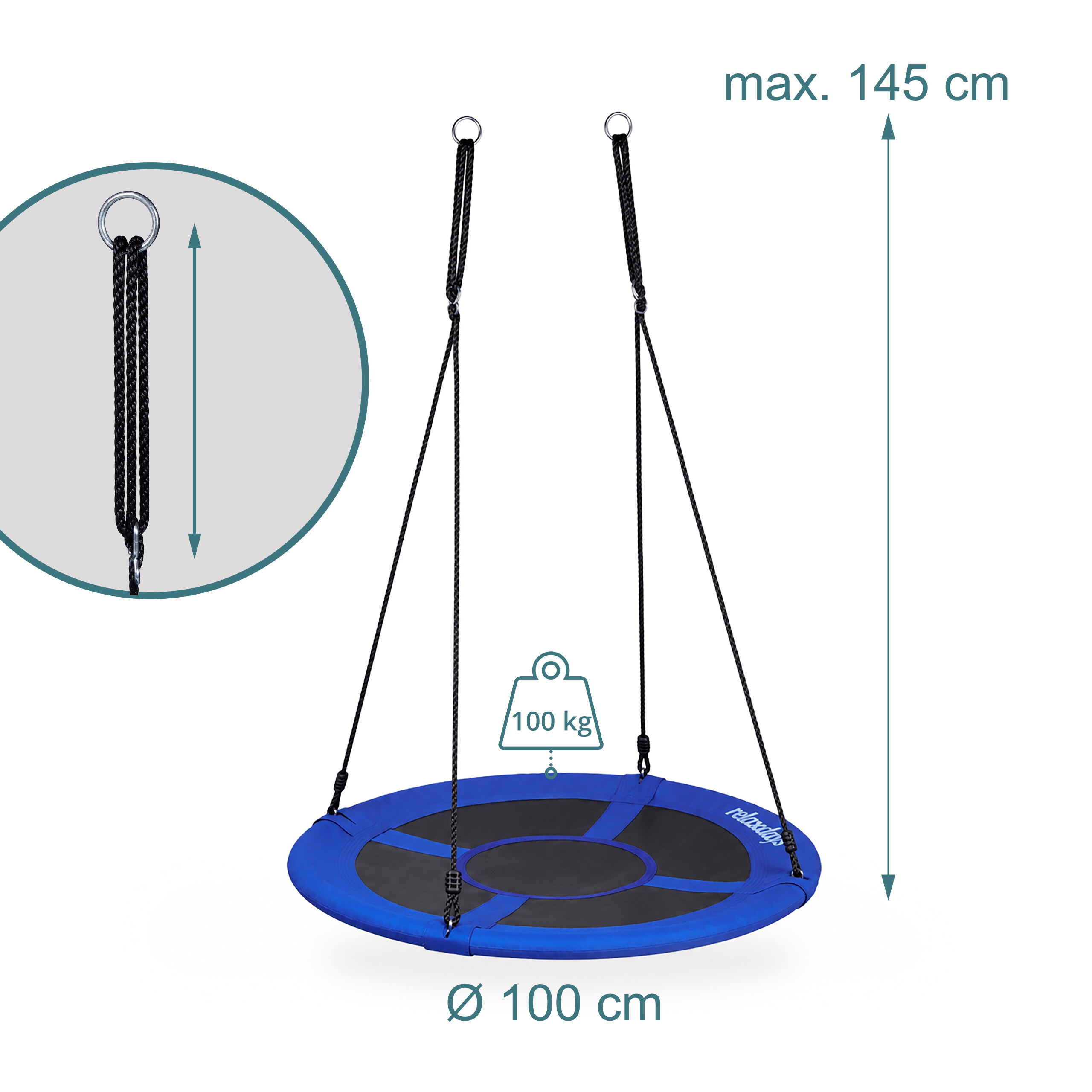 Blaue Nestschaukel mit 100 cm Durchmesser, max. 145 cm Höhe und 100 kg Tragkraft auf weißem Hintergrund.