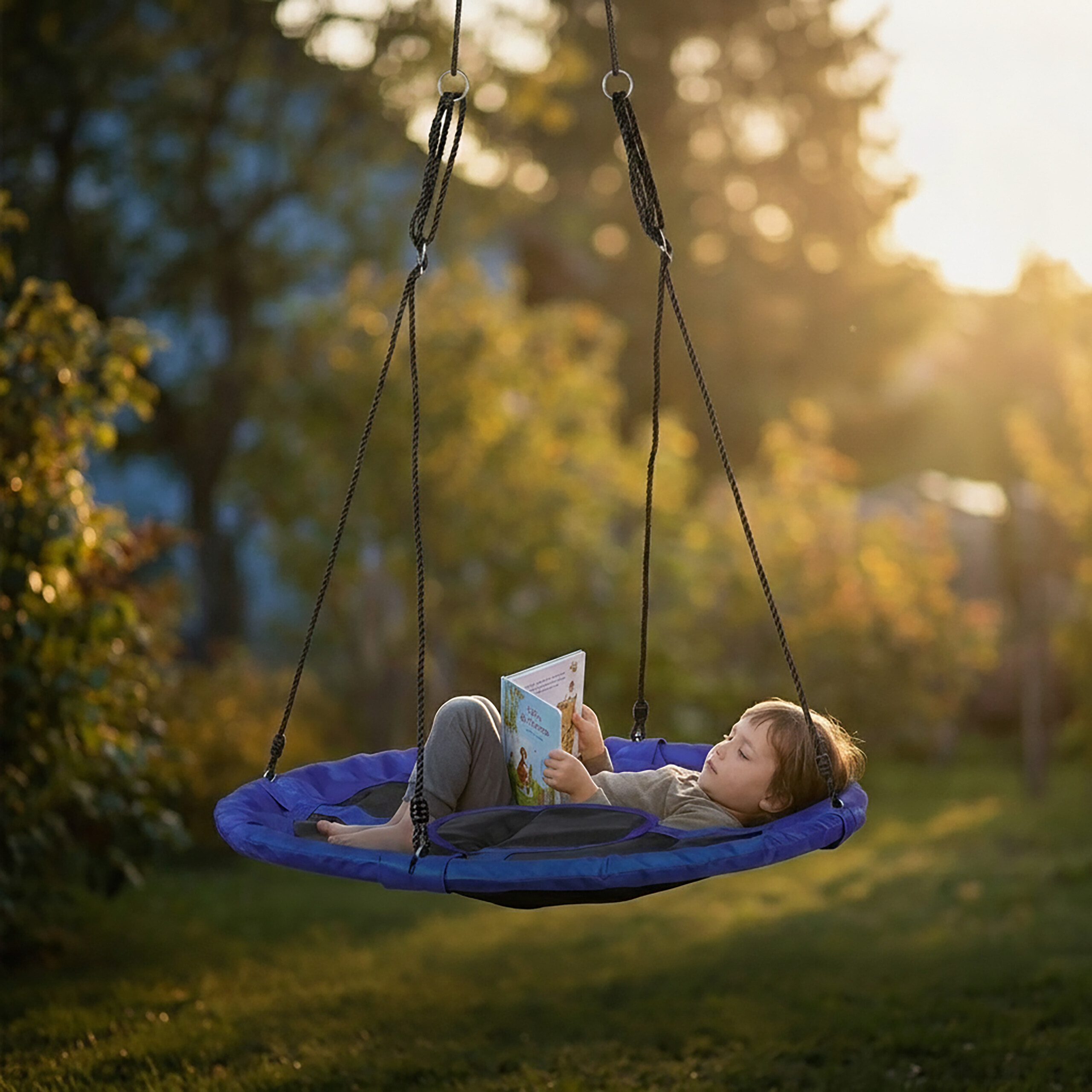 Ein Kind liegt auf einer runden blauen Schaukel im Garten und liest ein Buch im Sonnenlicht.